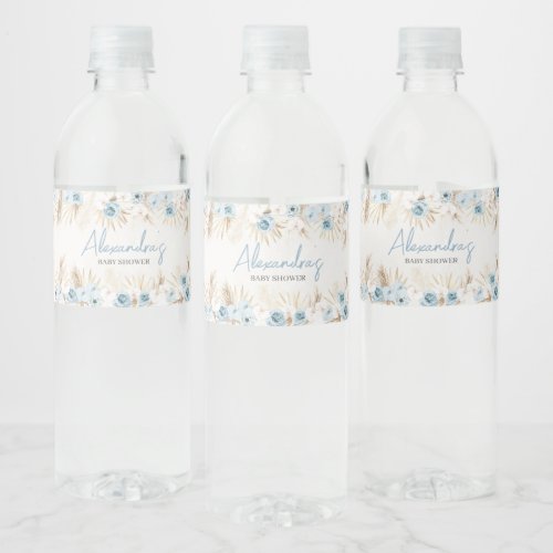 Blue Floral Pampas Grass Baby Shower  Water Bottle Label