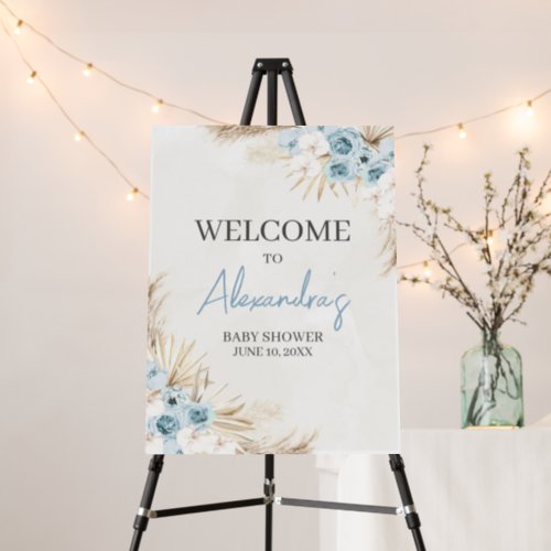 Blue Floral Pampas Grass Baby Shower Welcome Sign