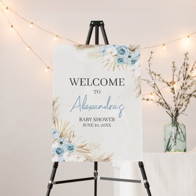 Blue Floral Pampas Grass Baby Shower Welcome Sign (In Situ (Stand))