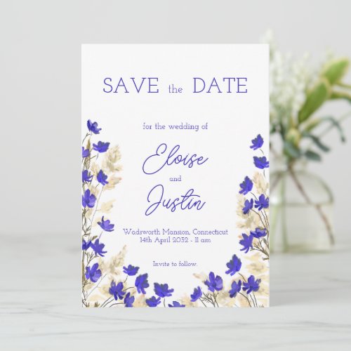 Blue Floral  Pampas Grass Spring Wedding Save The Date
