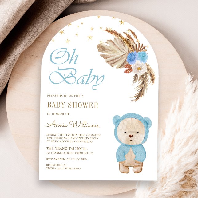 Blue Floral Pampas Teddy Bear Arch Baby Shower Invitation (Creator Uploaded)