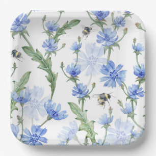 Blue Floral Paper Plates, Botanical Bee Party Plates