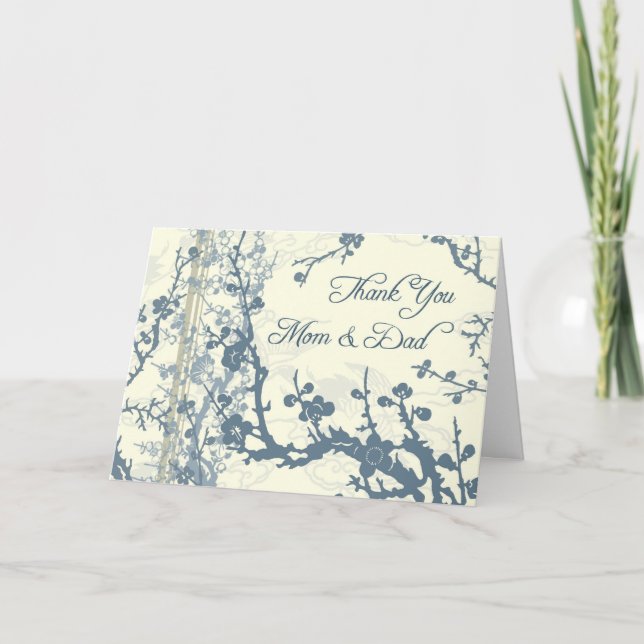 Blue Floral Parents  Wedding Day Thank You Card (Front)