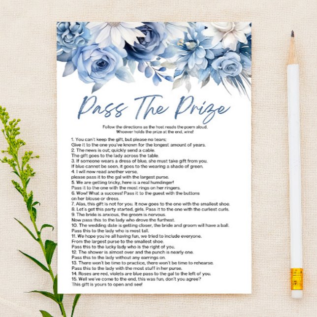 Blue Floral Pass The Prize Bridal Shower Game  Stationery (Creator Uploaded)