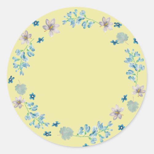 Blue Floral pastel yellow background Classic Round Sticker