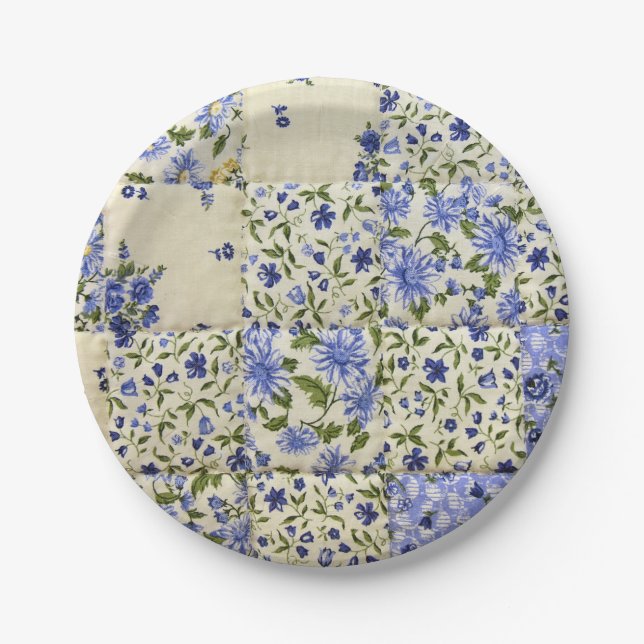 blue floral patchwork quilt paper plates (Front)
