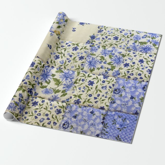 blue floral patchwork quilt wrapping paper (Unrolled)
