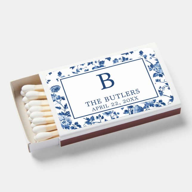 Blue Floral Patten Matchbox Wedding Favor Matchboxes (Front Open)