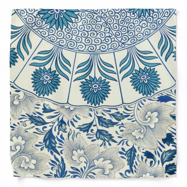 Blue Floral Pattern Antique Asian Design Bandana (Front)