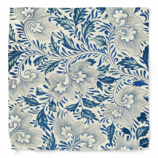 Blue Floral Pattern Antique Asian Design Bandana (Front)