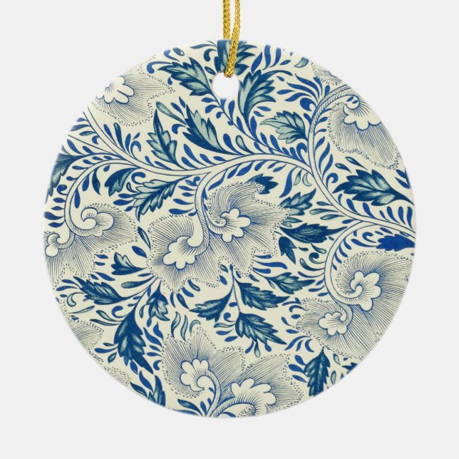 Blue Floral Pattern Antique Asian Design Ceramic Ornament (Front)