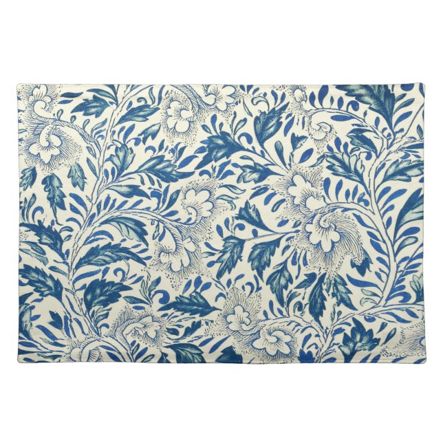 Blue Floral Pattern Antique Asian Design Cloth Placemat (Front)
