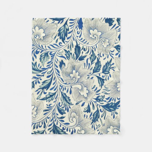 Blue Floral Pattern Antique Asian Design Fleece Blanket