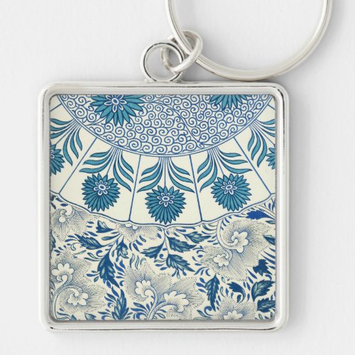 Blue Floral Pattern Antique Asian Design Keychain