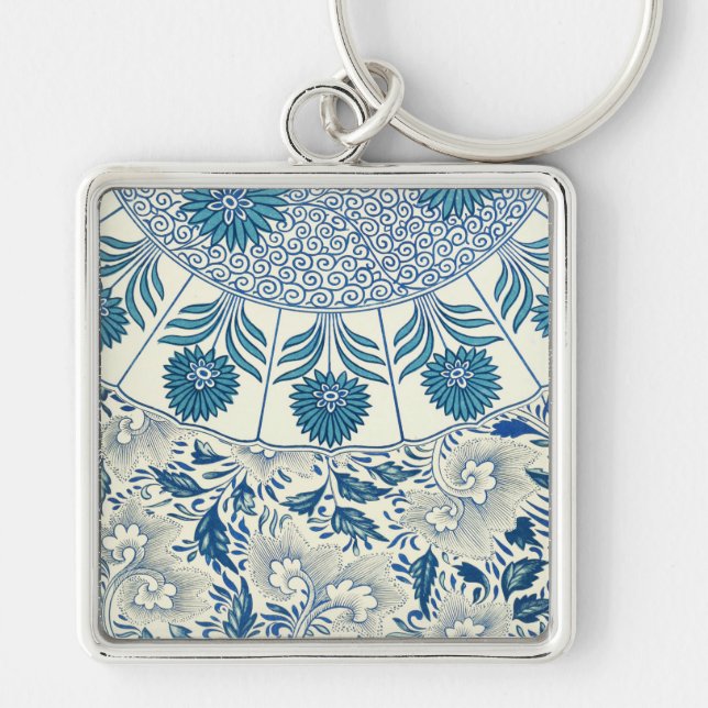 Blue Floral Pattern Antique Asian Design Keychain (Front)