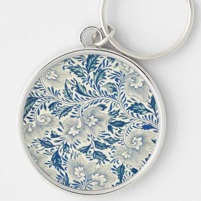 Blue Floral Pattern Antique Asian Design Keychain (Front)