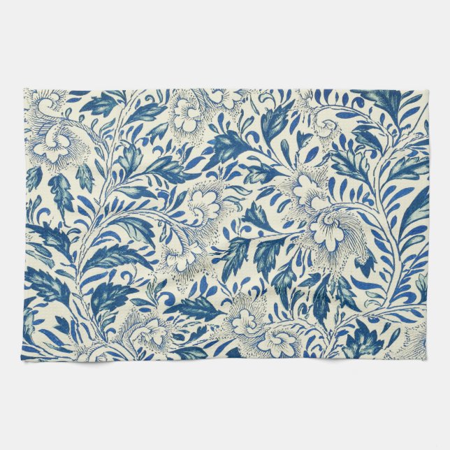 Blue Floral Pattern Antique Asian Design Kitchen Towel (Horizontal)
