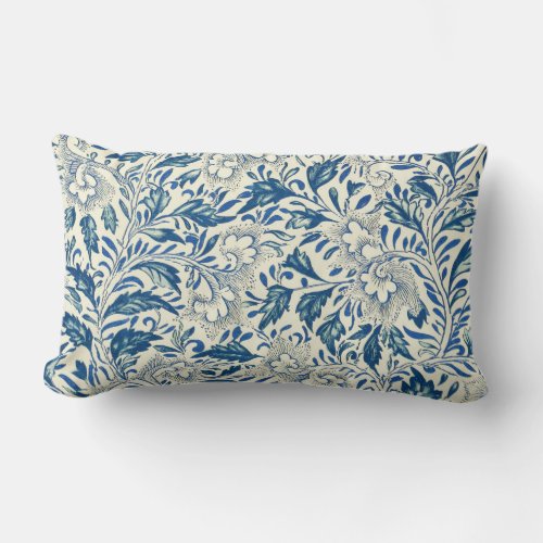 Blue Floral Pattern Antique Asian Design Lumbar Pillow