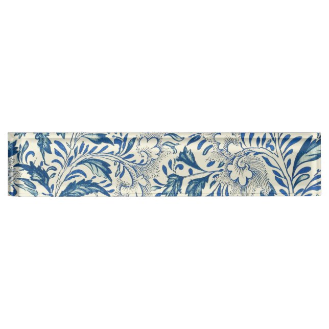 Blue Floral Pattern Antique Asian Design Name Plate (Front)