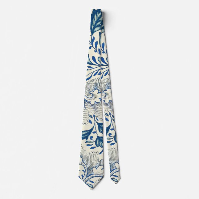 Blue Floral Pattern Antique Asian Design Neck Tie (Front)