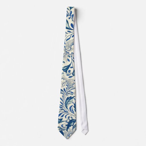 Blue Floral Pattern Antique Asian Design Neck Tie