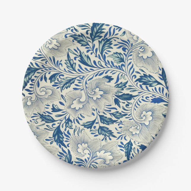 Blue Floral Pattern Antique Asian Design Paper Plates (Front)