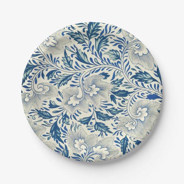 Blue Floral Pattern Antique Asian Design Paper Plates (Front)