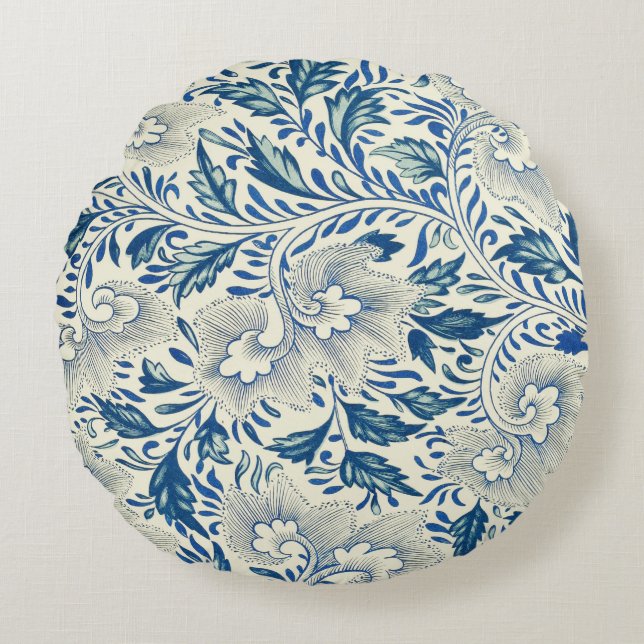 Blue Floral Pattern Antique Asian Design Round Pillow (Front)