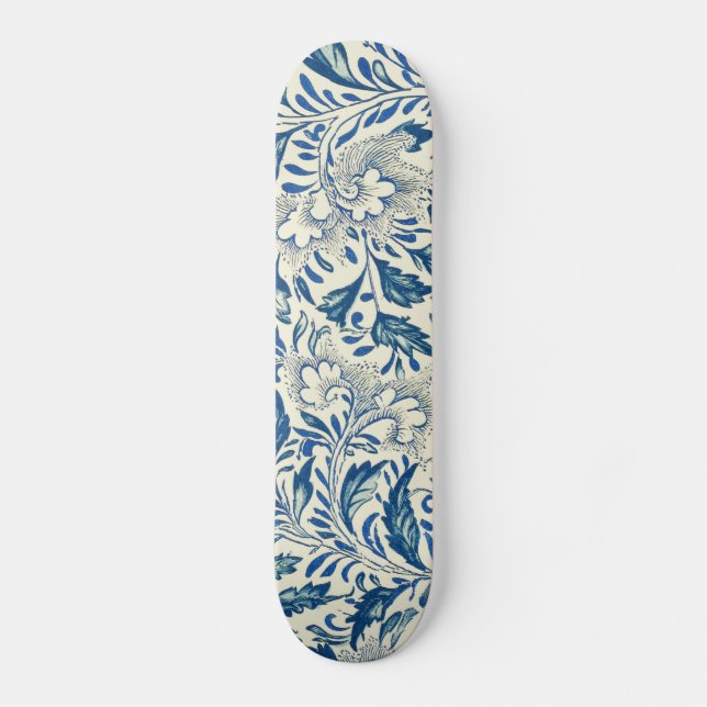 Blue Floral Pattern Antique Asian Design Skateboard Deck (Front)