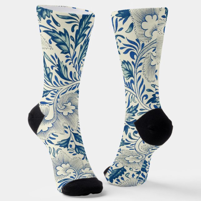 Blue Floral Pattern Antique Asian Design Socks (Angled)