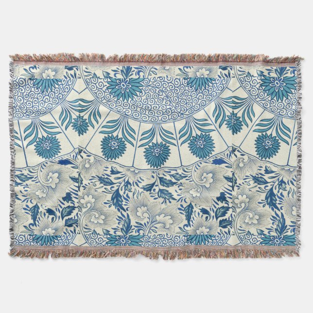 Blue Floral Pattern Antique Asian Design Throw Blanket (Front)