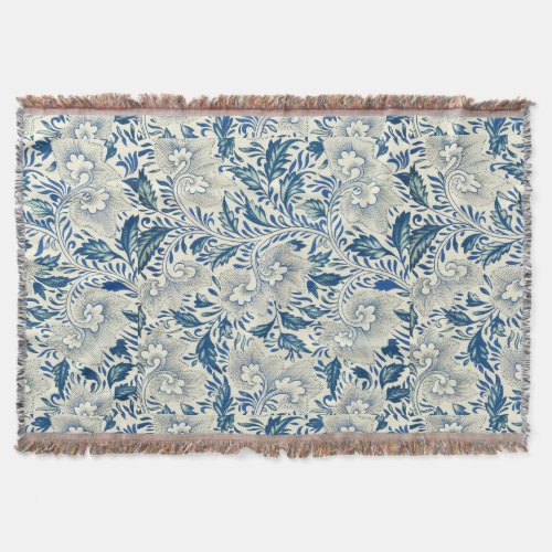 Blue Floral Pattern Antique Asian Design Throw Blanket