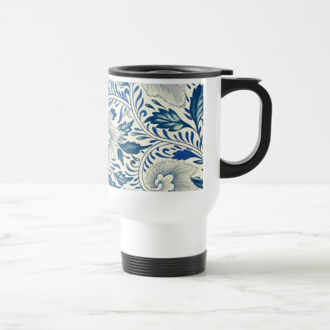 Blue Floral Pattern Antique Asian Design Travel Mug (Right)