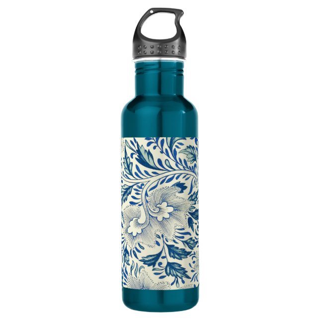 Blue Floral Pattern Antique Asian Design Water Bottle (Front)