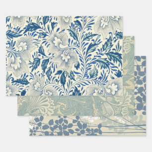 Blue Floral Pattern Antique Asian Design Wrapping Paper Sheets