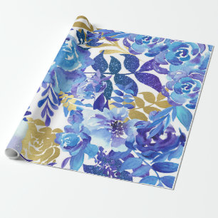 Blue Floral Pattern, Artistic Watercolor Wrapping Paper