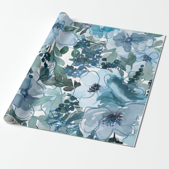 Blue Floral Pattern, Artistic Watercolor  Wrapping Paper (Unrolled)