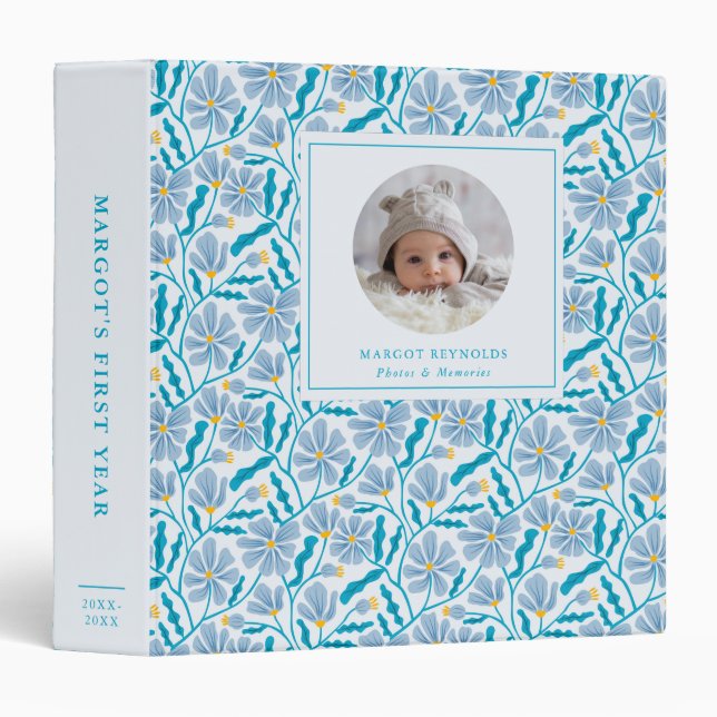Blue Floral Pattern Baby Photo Album 3 Ring Binder (Front/Spine)