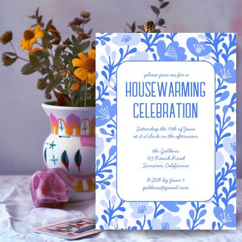 Blue Floral Pattern Custom HOUSEWARMING PARTY Invitation
