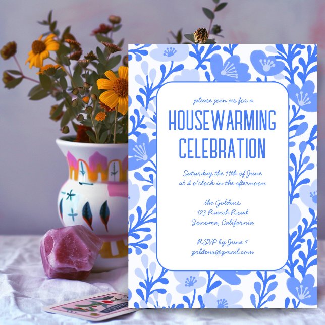 Blue Floral Pattern Custom HOUSEWARMING PARTY Invitation (Blue Floral Pattern Custom HOUSEWARMING PARTY Invitation)