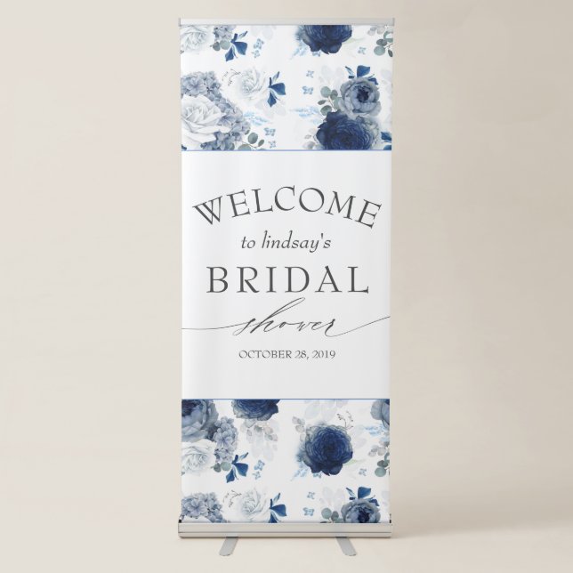 Blue Floral Pattern Elegant Bridal Shower Welcome Retractable Banner (Front)