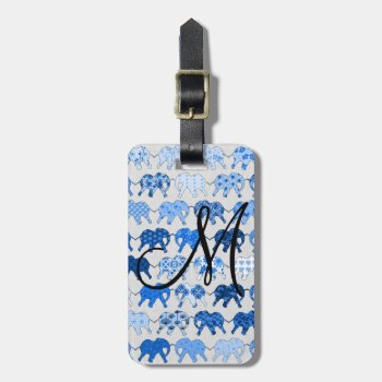Blue Floral Pattern Elephants Monogram Luggage Tag by ChicPink at Zazzle