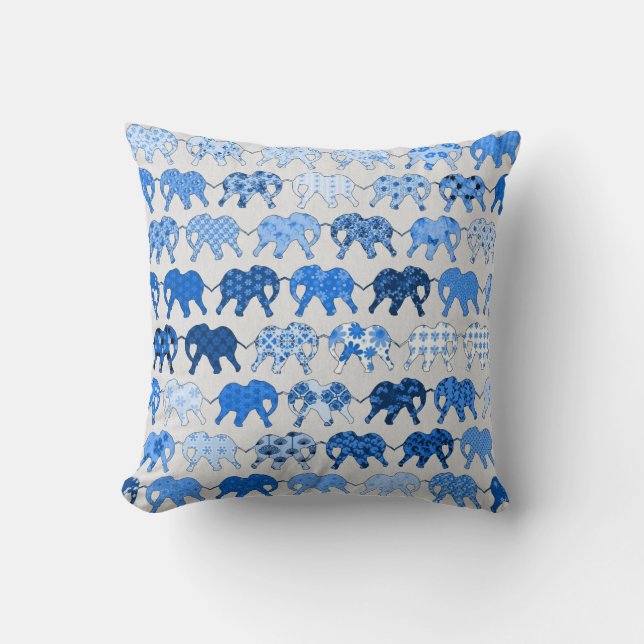 Blue Floral Pattern Elephants Throw Pillow (Front)