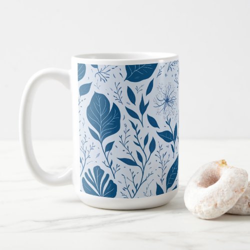 Blue Floral Pattern Flowers Leaves Coffee Mug