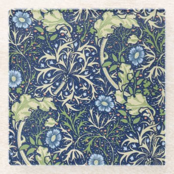 Blue Floral Pattern Glass Coaster by ellesgreetings at Zazzle