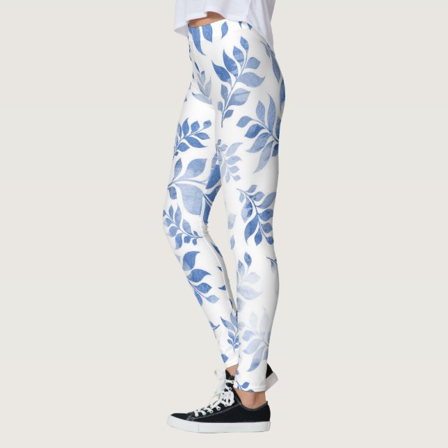 Blue Floral Pattern Leggings, Leggings (Left)