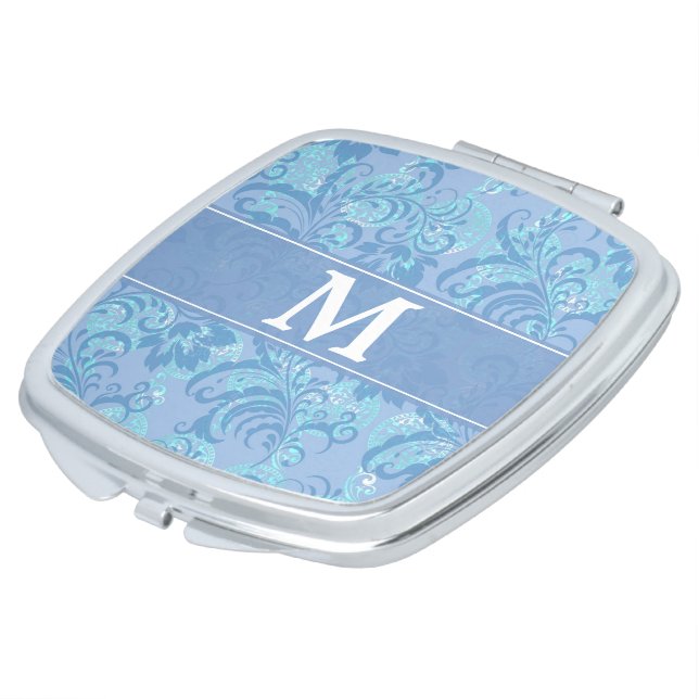 Blue Floral Pattern Monogram Mirror For Makeup (Turned)