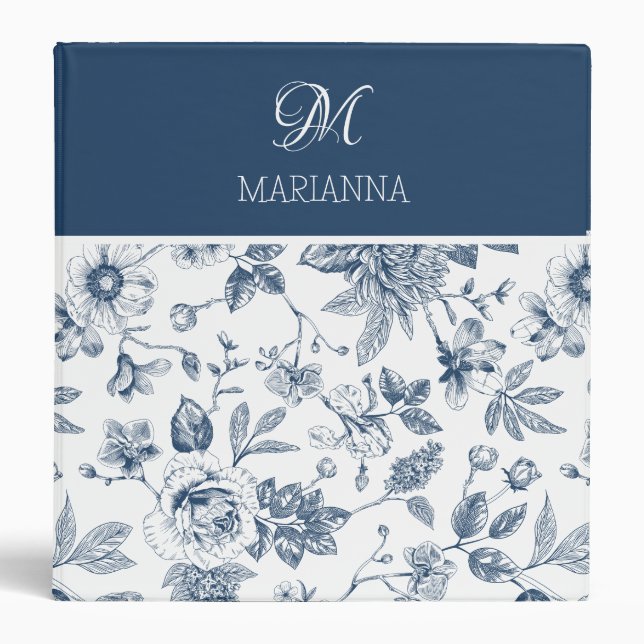 Blue Floral Pattern & Name Personalized  3 Ring Binder (Front)