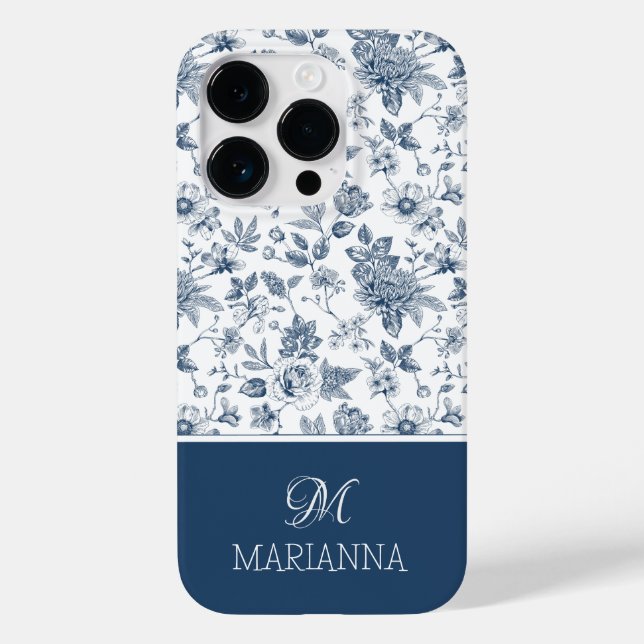 Blue Floral Pattern & Name Personalized  Case-Mate iPhone Case (Back)