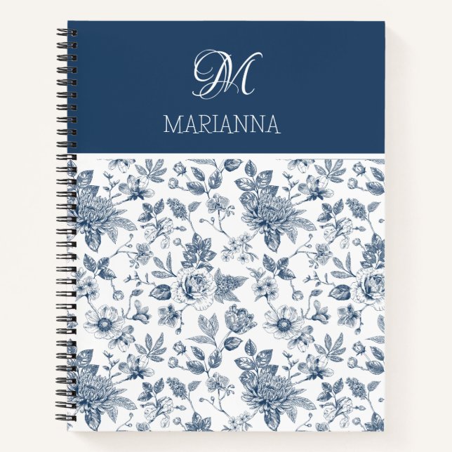 Blue Floral Pattern & Name Personalized  Notebook (Front)